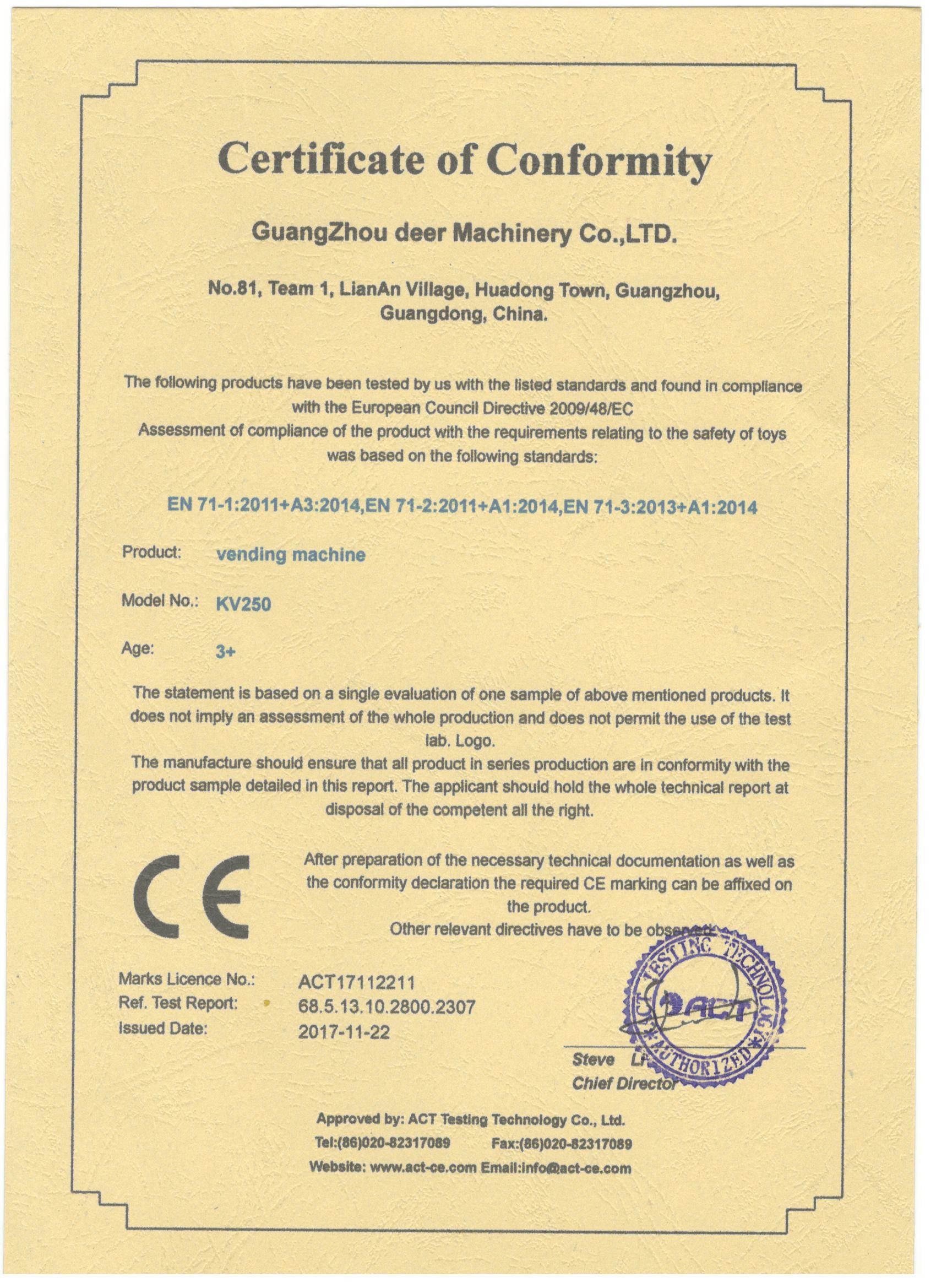چین Guangzhou Deer Machinery Co., Ltd. گواهینامه ها