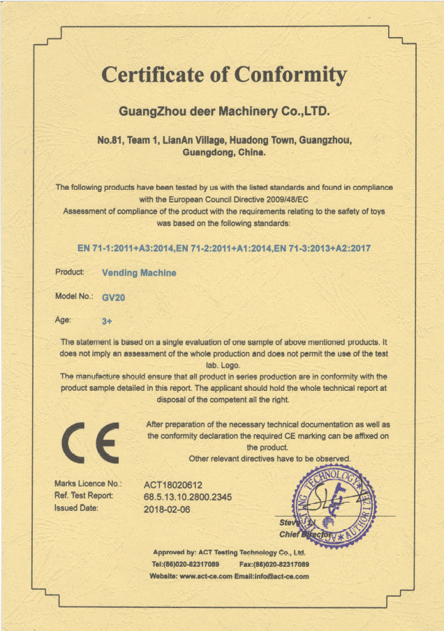 چین Guangzhou Deer Machinery Co., Ltd. گواهینامه ها